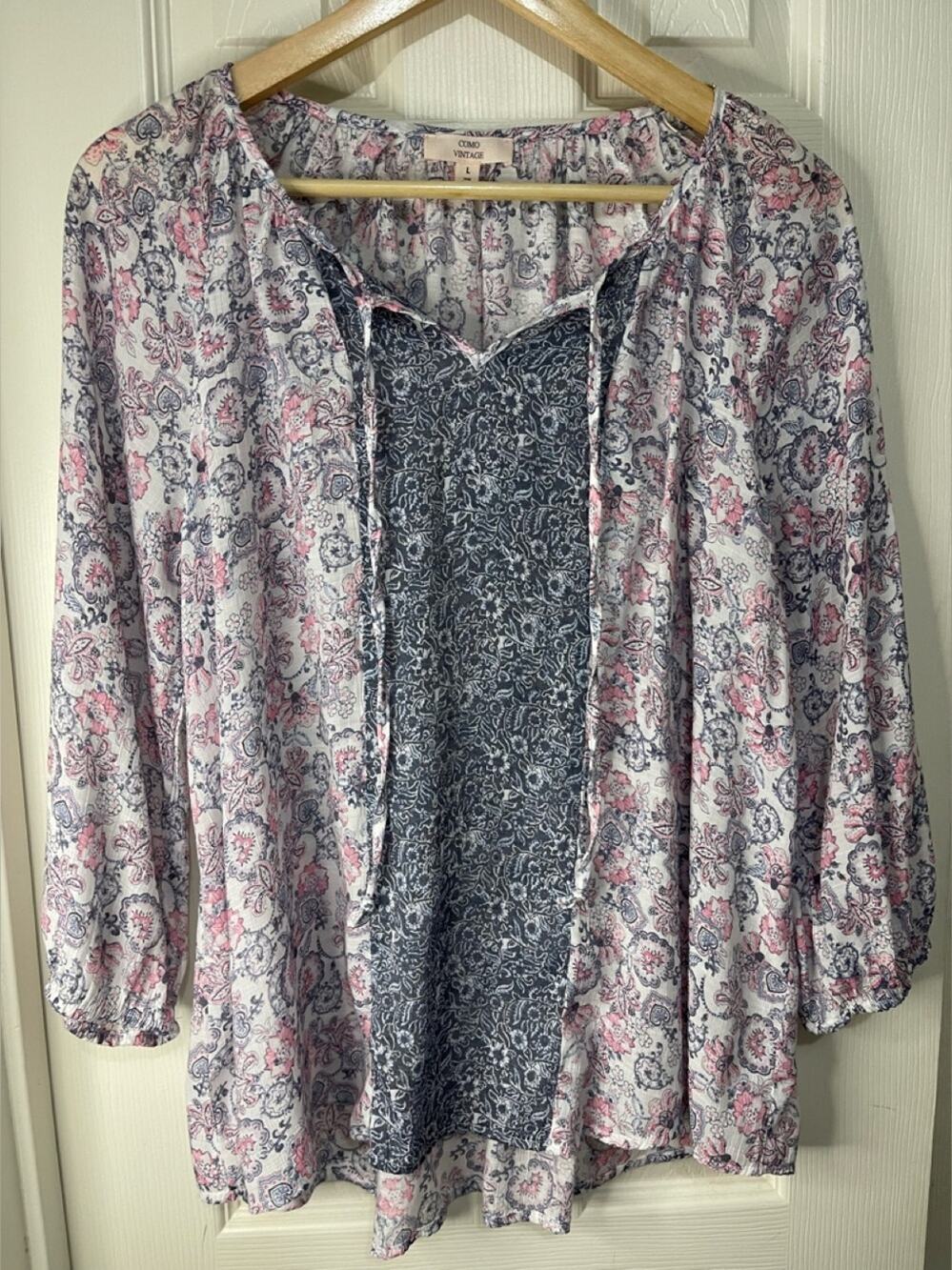 Pink and Gray Floral Grunge Top with split V Neck Size Large